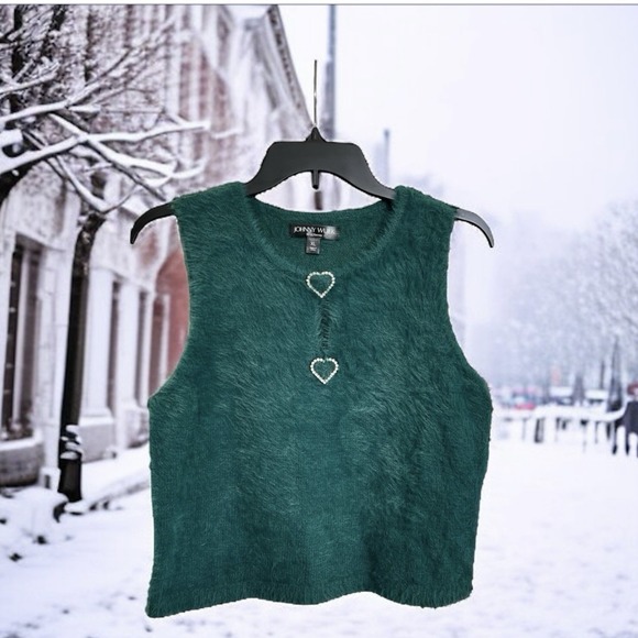 Johnny Wujek Fuzzy Crop Top XL Rhinestone Hearts Evergreen For JCPenny New - Picture 11 of 11